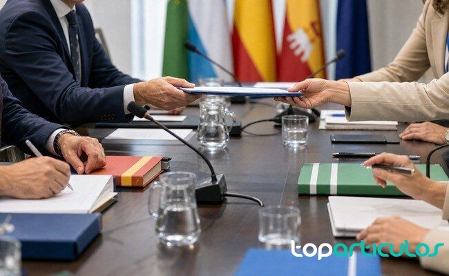 Mesa de trabajo institucional durante una negociación política reunión institucional con carpetas y micrófonos en una mesa