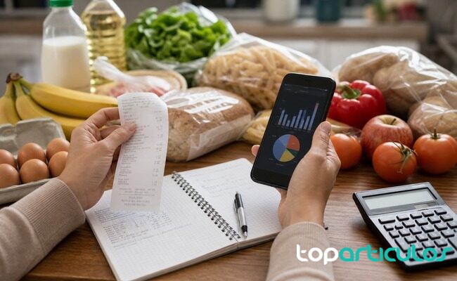 Compra semanal con recibo, calculadora y alimentos básicos