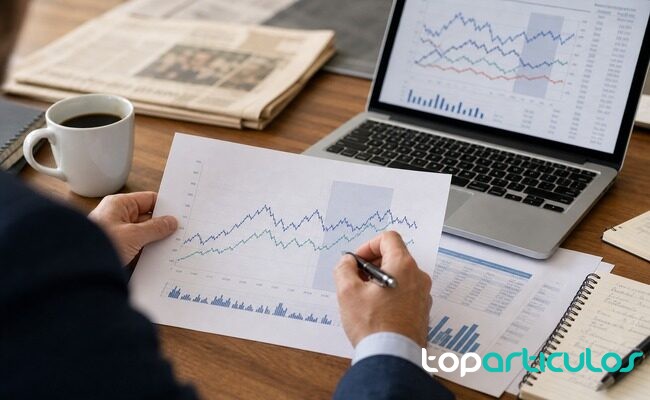 Mesa de análisis con gráficos económicos y previsiones de precios