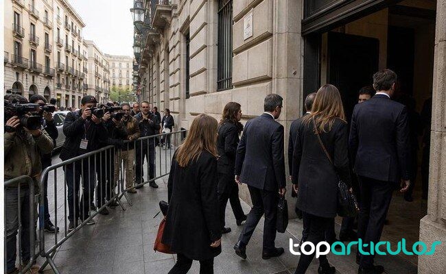 entrada de un edificio institucional en Barcelona con prensa y asistentes