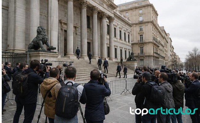 periodistas ante un edificio parlamentario en una jornada de actividad