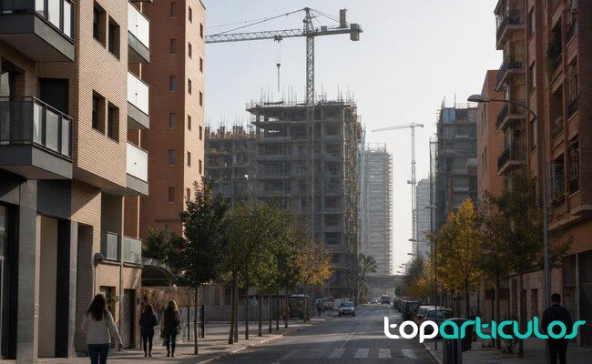 Oferta de vivienda en áreas urbanas Obra nueva residencial en una calle urbana española