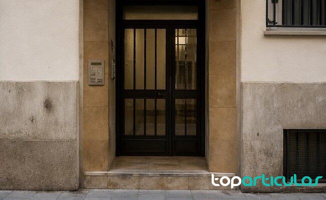 Portal de edificio residencial en España sin carteles visibles