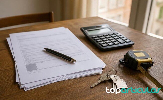 Documentación genérica de vivienda y calculadora sin datos legibles