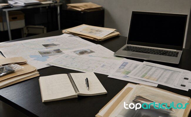 Documentación de investigación revisada sin información identificable mesa de análisis policial con mapas y documentos sin datos legibles