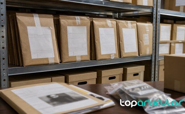 Archivo documental de cadena de custodia en una investigación penal archivo de evidencias con sobres y cajas selladas sin textos legibles
