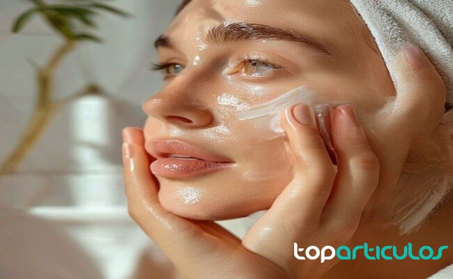 Aplicación de una crema hidratante en el rostro crema facial para reparar la barrera cutánea