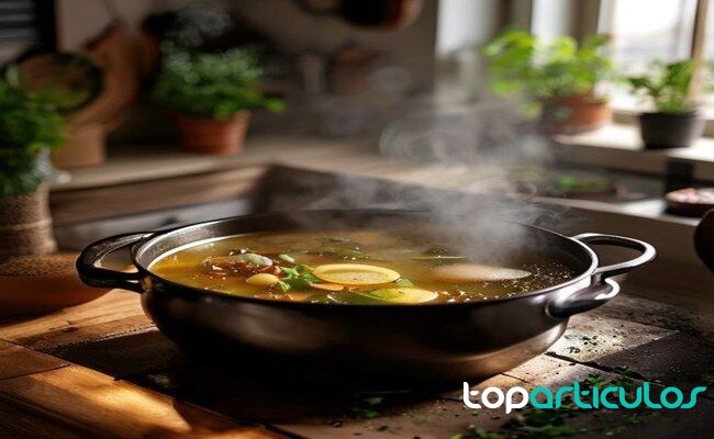 Olla de sopa preparada con ingredientes que aún pueden utilizarse caldo casero con restos de verduras