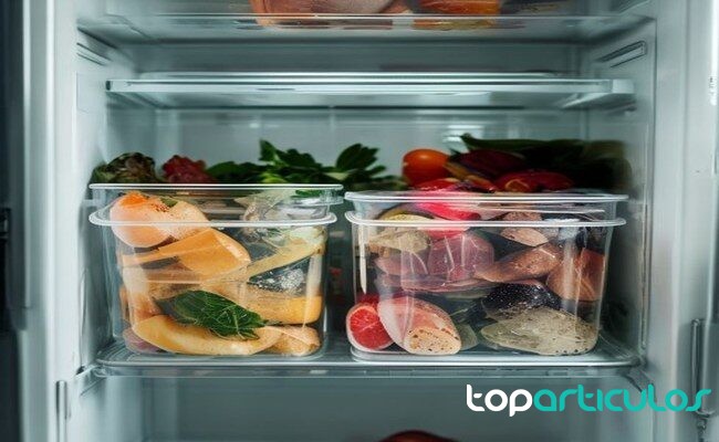 Comida organizada en la nevera para evitar desperdicio alimentario sobras bien conservadas en recipientes de vidrio