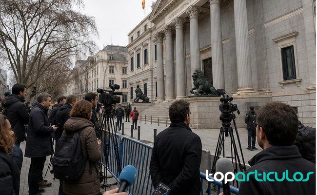 periodistas esperan ante una sede parlamentaria en Madrid