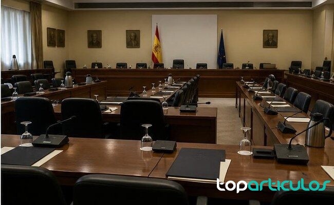 sala de comisión preparada para una comparecencia parlamentaria