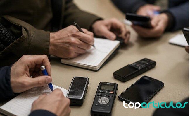grabadoras y cuadernos de prensa sobre una mesa institucional