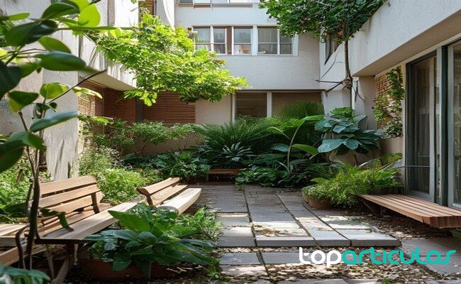 Patio compartido de un edificio residencial limpio y ordenado zonas comunes cuidadas en comunidad de vecinos