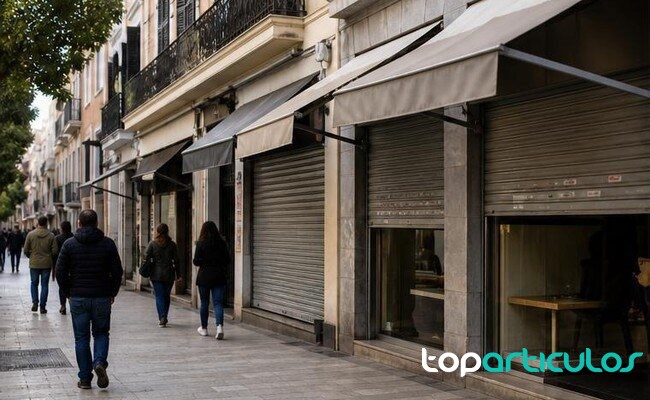 Calle comercial española con pequeños negocios y actividad diaria
