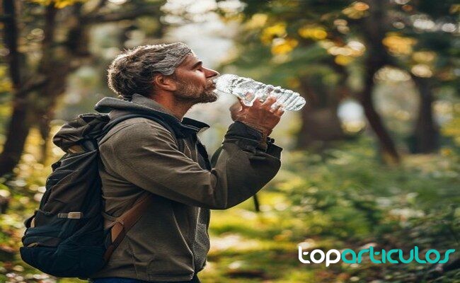 Pausa con agua después de una caminata de recuperación hidratarse tras una actividad ligera