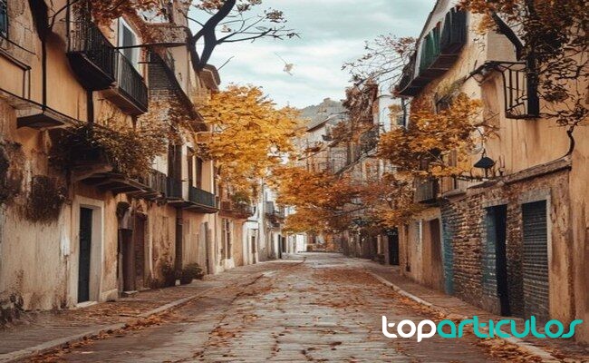 Calle tranquila de un destino histórico con ambiente otoñal pueblo histórico para visitar en otoño