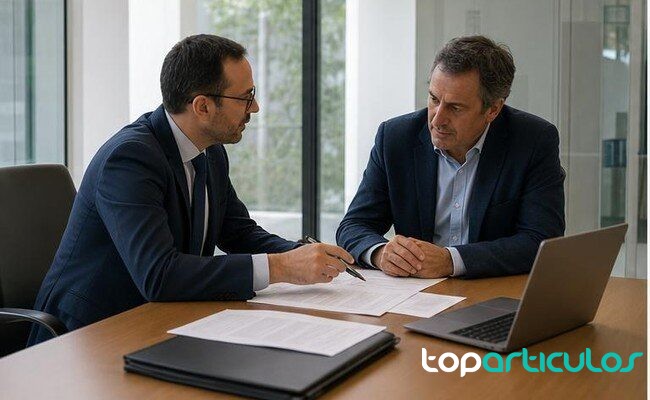 Asesor bancario y responsable de empresa revisan una solicitud de crédito