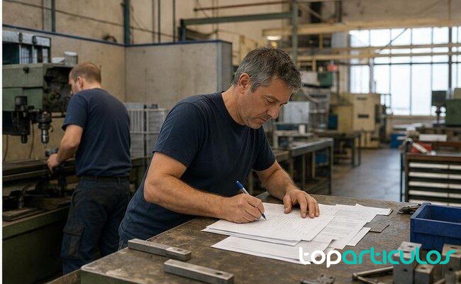 Trabajadores en un pequeño taller industrial con documentación financiera