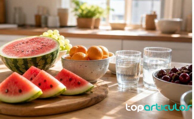 Alimentos con agua que ayudan en días de calor fruta fresca y agua para hidratarse