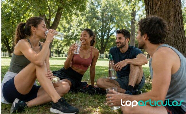 Pausa a la sombra para beber agua durante el verano personas descansando y bebiendo agua en un parque