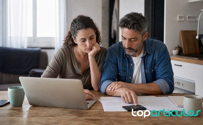Familia analizando financiación de vivienda en casa Hogar revisando presupuesto familiar para la compra de vivienda