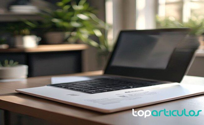 Documento de formación y portátil con contenido desenfocado certificados y proyectos para portafolio profesional