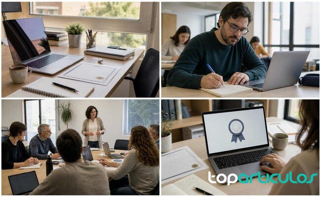 Sesión de estudio orientada a competencias concretas curso profesional con apuntes y ordenador