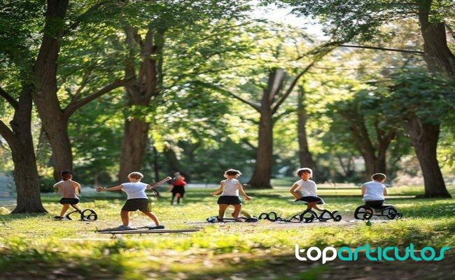 Grupo realizando ejercicios suaves de movilidad en un parque clase de movilidad deportiva al aire libre