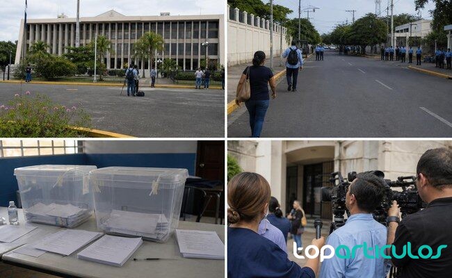 Periodistas cubren una jornada política ante una sede institucional periodistas ante una entrada institucional en Managua