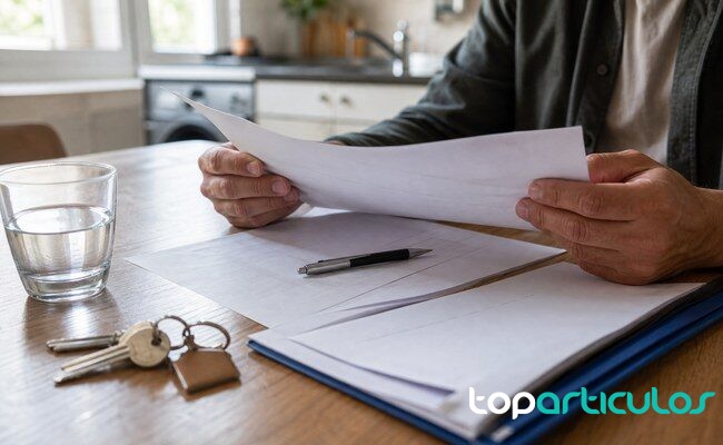 Revisión de documentación residencial en una vivienda Documentos de alquiler sobre una mesa sin texto legible