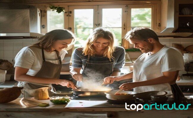 Grupo pequeño preparando comida en una cocina doméstica cocinar con amigos como plan sin pantallas