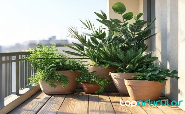 macetas con plantas autóctonas en una terraza