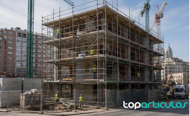 Obra urbana española con actividad moderada y andamios sin marcas visibles