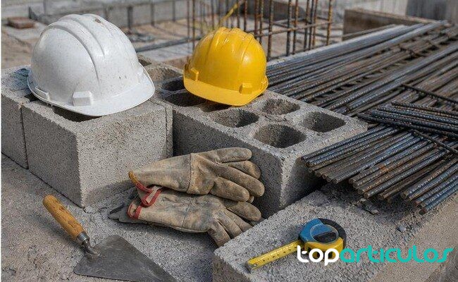 Materiales de construcción y casco de seguridad en una obra sin logotipos