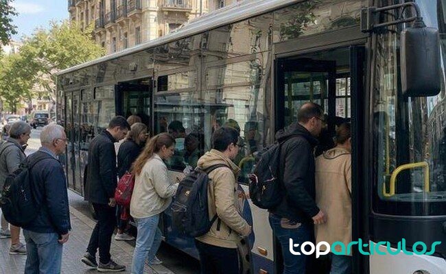 Autobús urbano con viajeros en una ciudad española Viajeros suben a un autobús urbano genérico en una avenida española