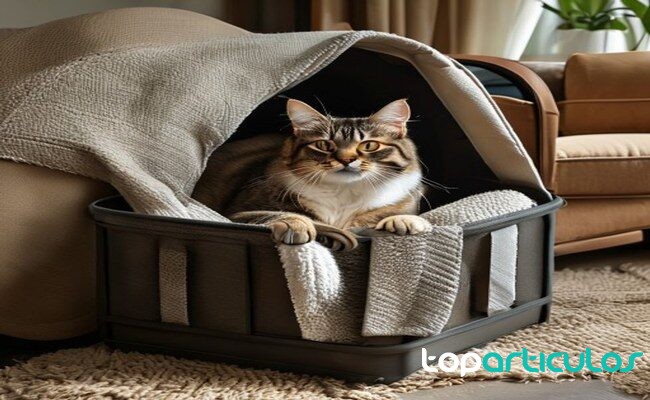 manta familiar dentro del transportín para gatos