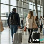 Viajeros internacionales con equipaje en una terminal aeroportuaria española