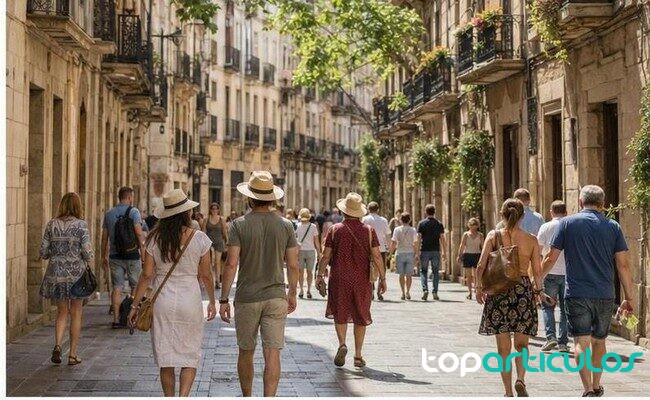 Turistas caminando por una calle historica de una ciudad española