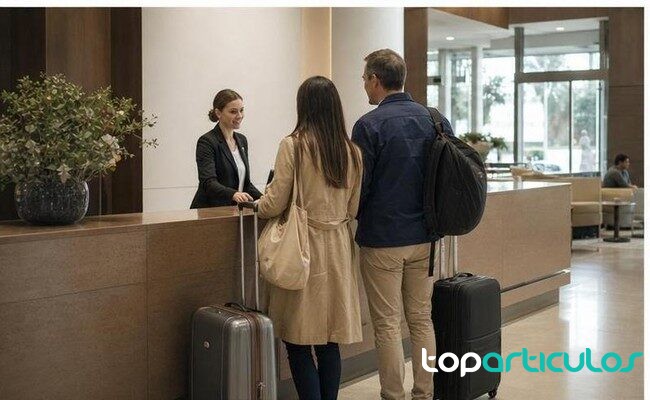 Viajeros realizando el registro de entrada en una recepcion de hotel sin marcas visibles