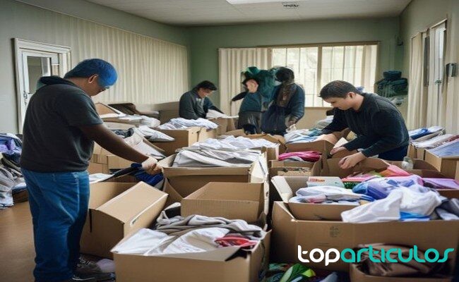 Grupo de voluntariado preparando materiales para repartir vecinos organizando donaciones