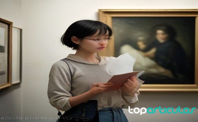 Persona leyendo la cartela de una obra en una galería luminosa leer cartelas en una exposición de arte