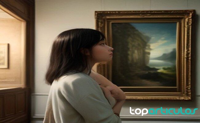 Visitante observando una pintura con calma en una sala de museo mirar una obra de arte en museo