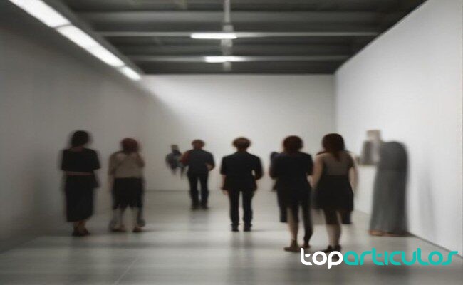 Grupo pequeño conversando en una exposición contemporánea recorrido por una galería de arte