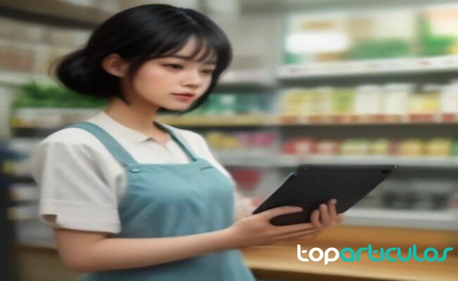 Persona revisando datos comerciales desde una tableta en un entorno de negocio ventas y clientes en una pequeña empresa