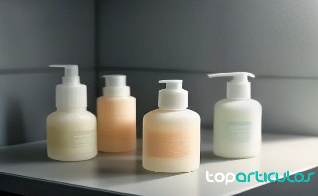 Envases neutros de cosmética colocados en una repisa de baño productos de cuidado facial sin marcas visibles