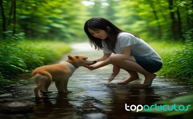 Persona ofreciendo agua a un perro durante un paseo de verano hidratar a un perro en verano