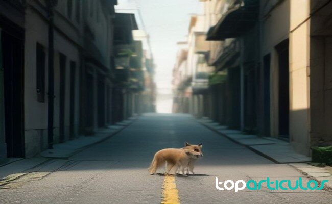 Perro paseando a primera hora por una calle tranquila en verano pasear al perro temprano en verano