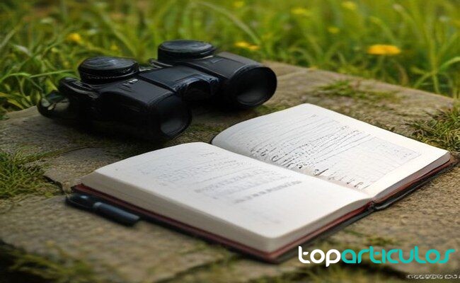 Prismáticos y cuaderno usados para registrar aves en una salida urbana cuaderno de campo para observar aves