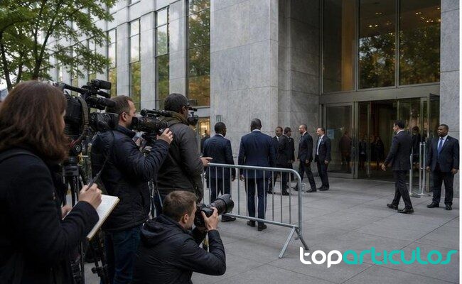 delegados llegan a una sede internacional durante una jornada diplomática
