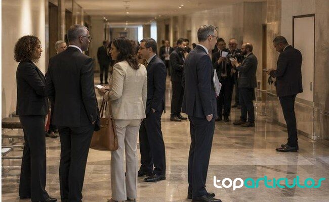delegados conversan en un pasillo institucional antes de una reunión
